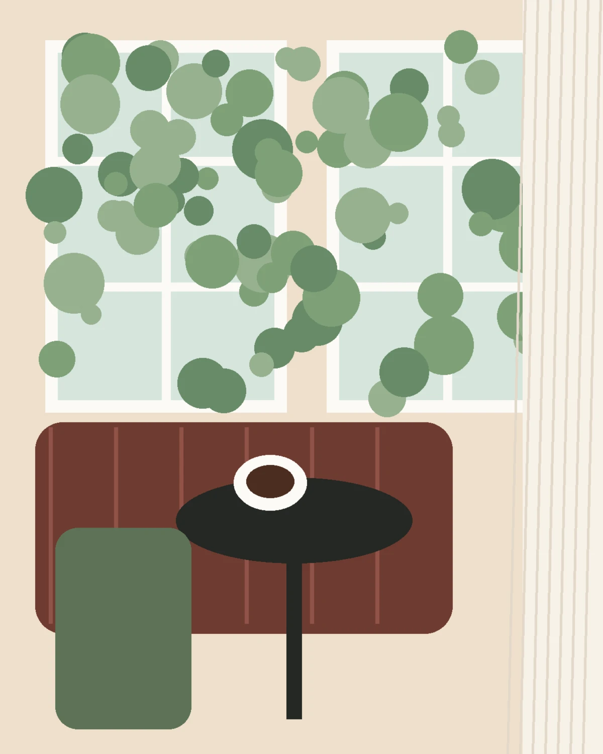 A sunlit café table beside large windows and greenery